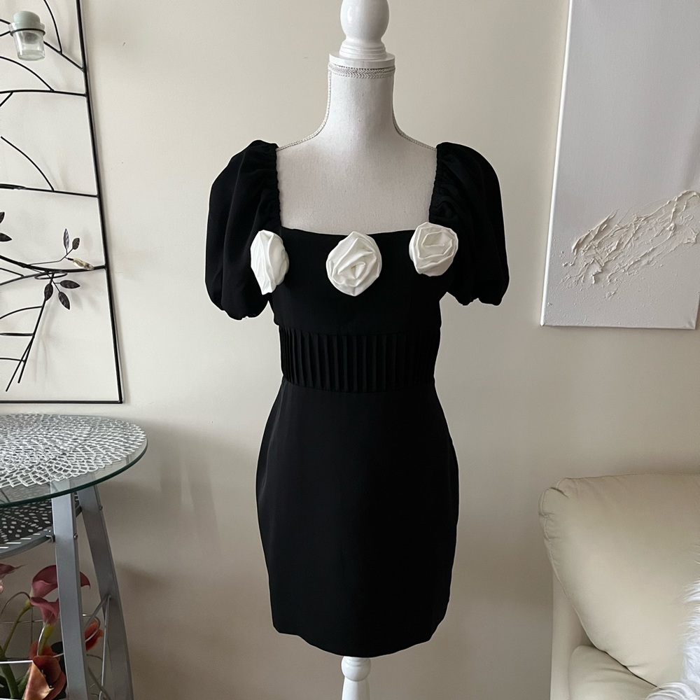 Endless Rose Black Puff Sleeve Mini Dress With White Rosettes size Medium NWT - Picture 9 of 15